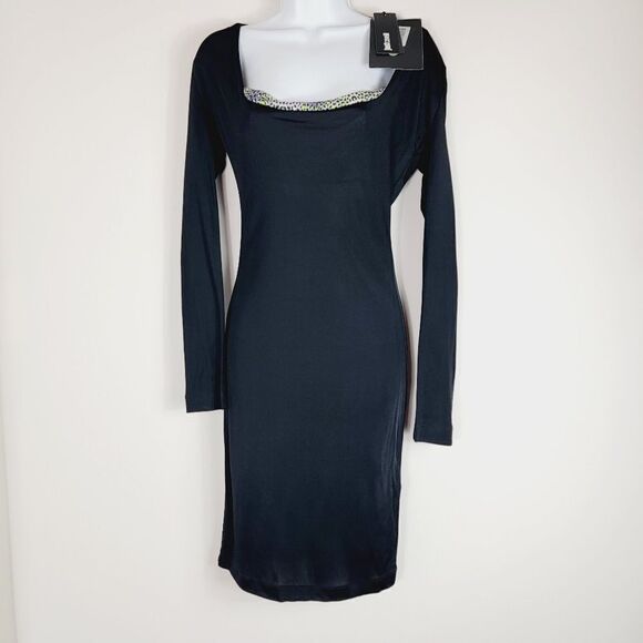 Just Cavalli Black Square Neck Bodycon Dress Animal Print Neckline Size S NWT - Picture 2 of 14